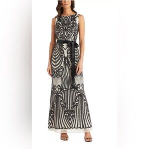 R&M Richards Black Beaded Sequin Gown Art Deco Formal Dress Size 16